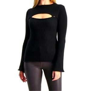 Marled Black Ribbed Long Sleeve Cutout Sweater